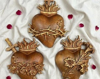 Three Sacred Hearts Plaque Jesus Mary Joseph Wooden Wall Decor