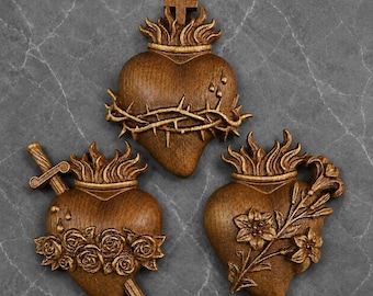 Three Sacred Hearts Plaque Jesus Mary Joseph Wooden Decor