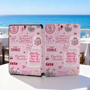 May include: Pink Kindle case with a repeating pattern of bows, cherries, disco balls, and the text "pretty girls read books." Other text includes "I love my Kindle," "Bookish Baddie," and "Buy me books & tell me I'm pretty."