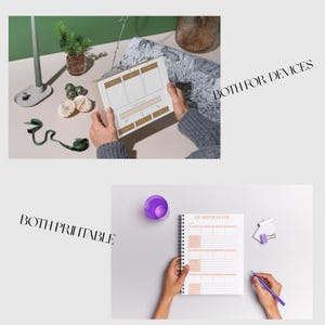 Op de afbeelding: Twee afbeeldingen met briefpapier. De bovenste afbeelding toont een planner die door handen wordt vastgehouden, met de tekst "BOTH FOR DEVICES". De onderste afbeelding toont een spiraalgebonden notitieboek met de tekst "QUARTER STATS", een paarse beker en een pen. De tekst "BOTH PRINTABLE" is ook zichtbaar.