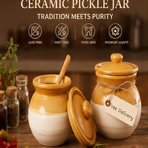Pack of 2 – Handcrafted Ceramic Jars with Lids (500ml Each) | Bharani for Pickles, Spices, Pantry Storage