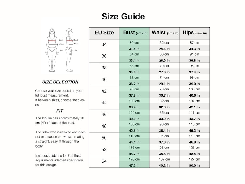 May include: A size guide chart for clothing featuring a table with EU sizes from 34 to 54, listing bust, waist, and hip measurements in both centimeters and inches. Includes a diagram of a figure and text instructions for size selection and fit.