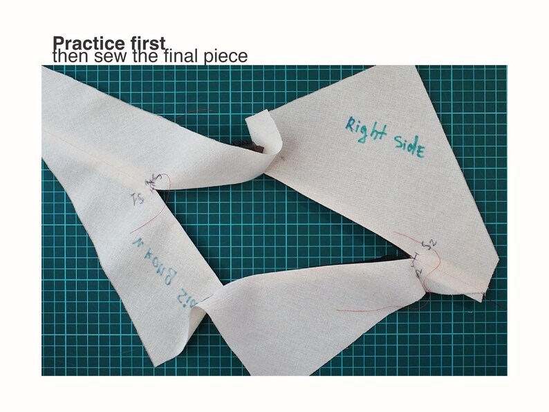 May include: Two off-white fabric pattern pieces with handwritten blue ink labels including "Right side" and "S1" and "S2" markings. The text "Practice first, then sew the final piece" is printed in black at the top of the image.