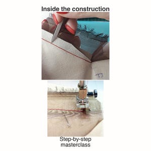 May include: A two-part instructional image titled Inside the construction and Step-by-step masterclass. The top shows a metal tool pressing a red stitched seam on beige fabric with dark mesh. The bottom shows a sewing machine needle stitching fabric.