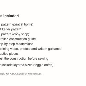 May include: A digital document listing what is included: A4 pattern, US Letter pattern, A0 pattern, detailed construction guide, step-by-step masterclass with video, photos, and written guidance, and practice pieces. Files include layered sizes.
