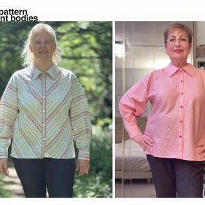 May include: Two long-sleeved button-down shirts with a pointed collar and diagonal striped pattern. The left shirt features light green, blue, and red stripes, while the right shirt has pink and white stripes. Text reads: Same pattern Different bodies.