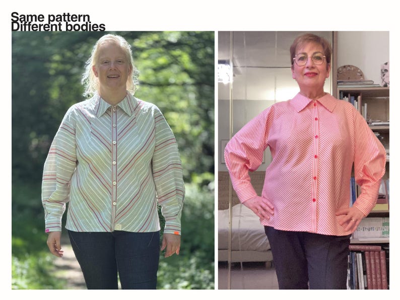 May include: Two long-sleeved button-down shirts with a pointed collar and diagonal striped pattern. The left shirt features light green, blue, and red stripes, while the right shirt has pink and white stripes. Text reads: Same pattern Different bodies.