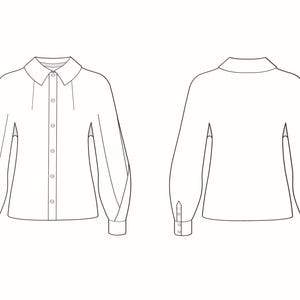 May include: A technical line drawing of a long-sleeved button-down shirt shown from the front and back. The shirt features a classic collar, a central button placket, and full sleeves with buttoned cuffs, rendered in black outlines on a white background.