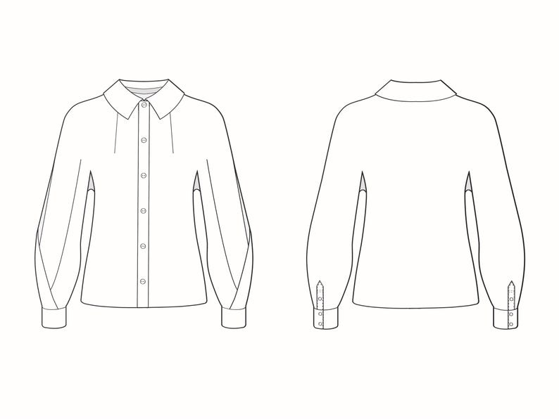 May include: A technical line drawing of a long-sleeved button-down shirt shown from the front and back. The shirt features a classic collar, a central button placket, and full sleeves with buttoned cuffs, rendered in black outlines on a white background.