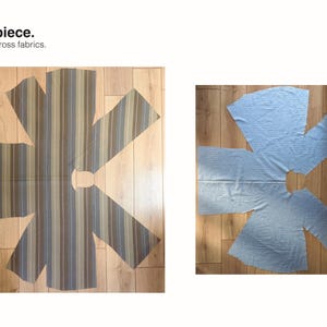 May include: Two flat, star-shaped fabric pattern pieces with a central circular cutout. The left piece features vertical stripes in shades of brown, tan, and blue. The right piece is a solid light blue fabric. Text reads: One piece. Works across fabrics.