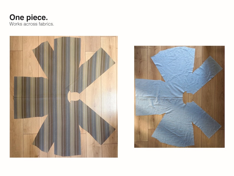 May include: Two flat, star-shaped fabric pattern pieces with a central circular cutout. The left piece features vertical stripes in shades of brown, tan, and blue. The right piece is a solid light blue fabric. Text reads: One piece. Works across fabrics.