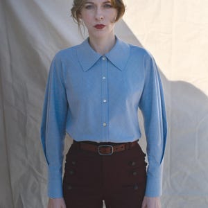 May include: A light blue long-sleeve button-down shirt with a pointed collar and full sleeves, paired with dark brown high-waisted trousers featuring two vertical rows of buttons and a brown leather belt with a rectangular metal buckle.