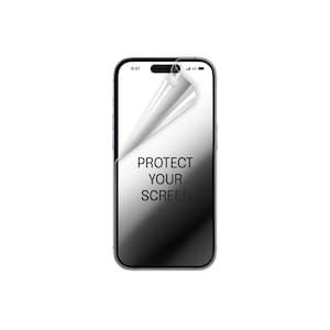 Puede incluir: Un smartphone con un protector de pantalla parcialmente despegado, que muestra el texto "PROTECT YOUR SCREEN". La pantalla del teléfono tiene un degradado de blanco a negro. La hora 9:41 y un icono de señal 5G son visibles.