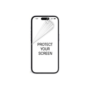 Può includere: Uno smartphone nero con una protezione per lo schermo parzialmente staccata. Lo schermo mostra il testo "PROTECT YOUR SCREEN" in bianco. Il telefono mostra l'ora 9:41 e un segnale 5G.