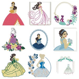 Puede incluir: Colección de imágenes bordadas que representan mujeres con elegantes vestidos. Los diseños muestran varios estilos, incluyendo adornos florales, encaje intrincado y faldas fluidas. Cada imagen es una ilustración detallada, perfecta para proyectos de manualidades o decorativos.