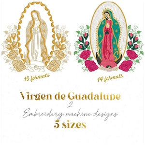 Puede incluir: Dos diseños de bordado a máquina de la Virgen de Guadalupe. Un diseño es en oro y blanco, el otro en rosa, verde y oro. Los diseños están rodeados de elementos florales. El texto dice "15 formatos", "14 formatos", "Virgen de Guadalupe", "Diseños de bordado a máquina" y "5 tamaños".
