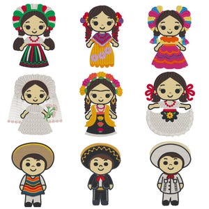 Pode incluir: Nove figuras bordadas de pessoas em trajes tradicionais mexicanos. As figuras incluem mulheres em vestidos coloridos e coroas de flores, uma noiva e homens em sombreros e sarapes. As figuras têm rostos sorridentes sobre um fundo branco.