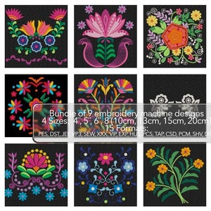 Puede incluir: Un conjunto de nueve diseños de bordado a máquina con patrones florales coloridos. Los diseños están disponibles en cuatro tamaños: 10 cm, 13 cm, 15 cm y 20 cm, y 15 formatos. Los diseños presentan flores en rosa, amarillo, azul y verde sobre fondo negro.