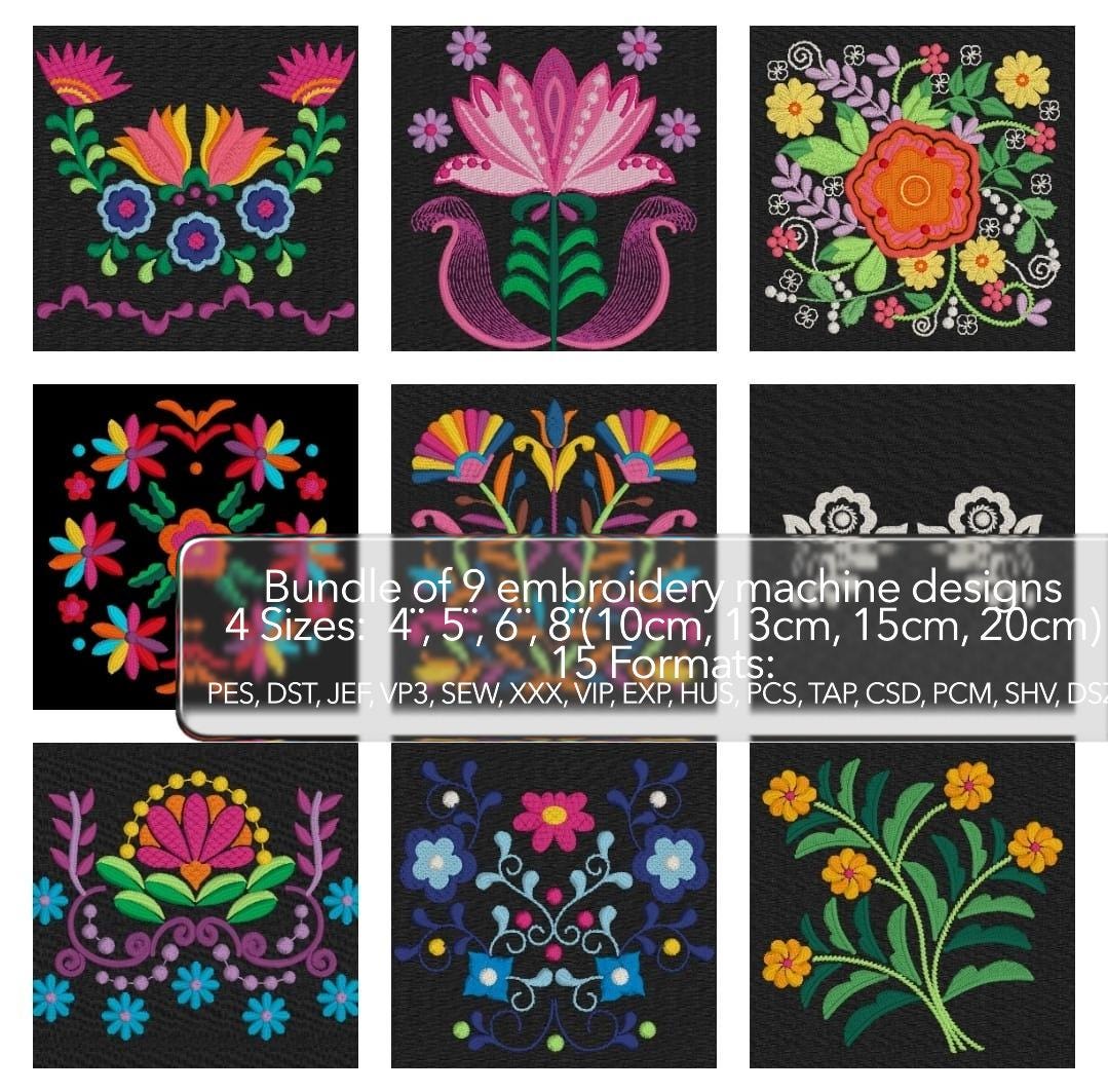 Mexican Flowers, Folkloric Art, Bundle of 9 Embroidery Machine