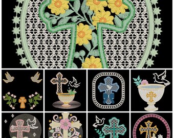 9 amazing embroidery machine designs for baptism, crosses, holy doves and candles. 3 sizes, multiple formats.