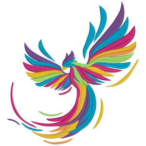 Puede incluir: Un diseño de fénix multicolor con una vibrante gama de colores, incluyendo rosa, azul, amarillo y verde. El ave se representa con las alas extendidas, sobre un fondo blanco.