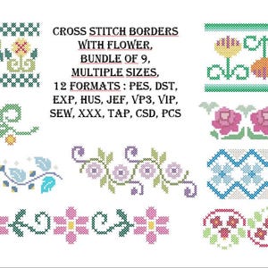 Cross stitch borders of flowers, bundle of 9 embroidery machine designs, multiple sizes, multiple formats