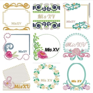 Puede incluir: Colección de nueve diseños bordados con marcos, bordes y elementos florales. Cada diseño incluye el texto "Mis XV" en varias fuentes y estilos. Los colores incluyen dorado, azul, verde, rosa y blanco, adecuados para celebraciones de quinceañera.