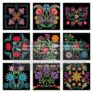 May include: Nine vibrant floral embroidery machine designs displayed on a black backdrop. The designs showcase diverse flower arrangements in bright colours. The image includes text indicating sizes from 8x8cm to 22x22cm and 15 formats.