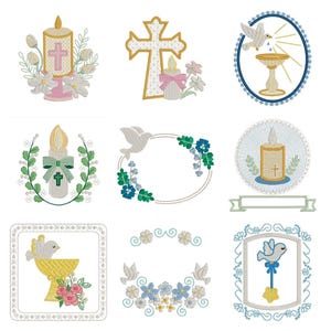 Puede incluir: Una colección de diseños bordados con símbolos religiosos. Incluye una cruz, velas, una paloma y una pila bautismal, todos con elementos florales y decorativos. Los diseños están en colores pastel suaves.