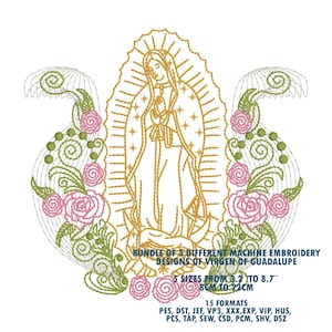 Puede incluir: Diseño bordado de la Virgen de Guadalupe en hilo dorado, rodeado de rosas rosas y hojas verdes. El diseño incluye texto que indica que es un conjunto de diseños de bordado a máquina, disponibles en varios tamaños de 8cm a 22cm.