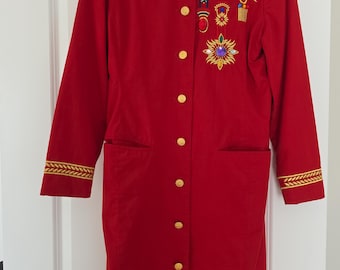 Vintage Adam Douglass by Adrianna Papell Red Military Style Coat Dress – Gold Embroidery & Jewel Details – Size 4