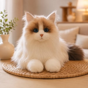 Può includere: Una statuetta di gatto in peluche con pelo lungo, bianco e soffice, segni marroni sul viso e sulle orecchie e occhi blu brillante. L'animale di peluche è in posizione di riposo con le zampe anteriori ripiegate in avanti e consistenza morbida.