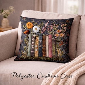 Bloemenkussen voor boekenliefhebbers, vintage boekenkussen, literaire woondecoratie, gezellig leeshoekkussen, boekgerelateerd cadeau-idee