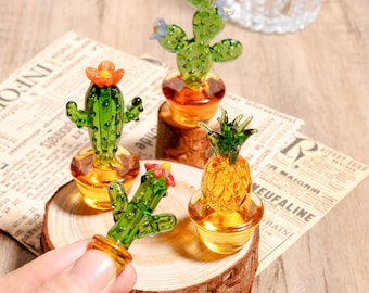 Glass Cactus Figurine, Hand Blown Plant, Handmade Glass Potted Plants, Mini Glass Succulent, Artificial Plant, Gift for Her