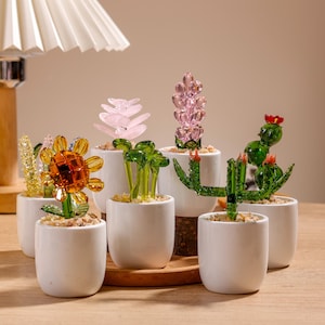May include: A collection of glass succulent and cactus sculptures in small white ceramic pots. The glass plants feature various colors, including green, yellow, and pink. The pots are arranged on a wooden tray, creating a decorative display.
