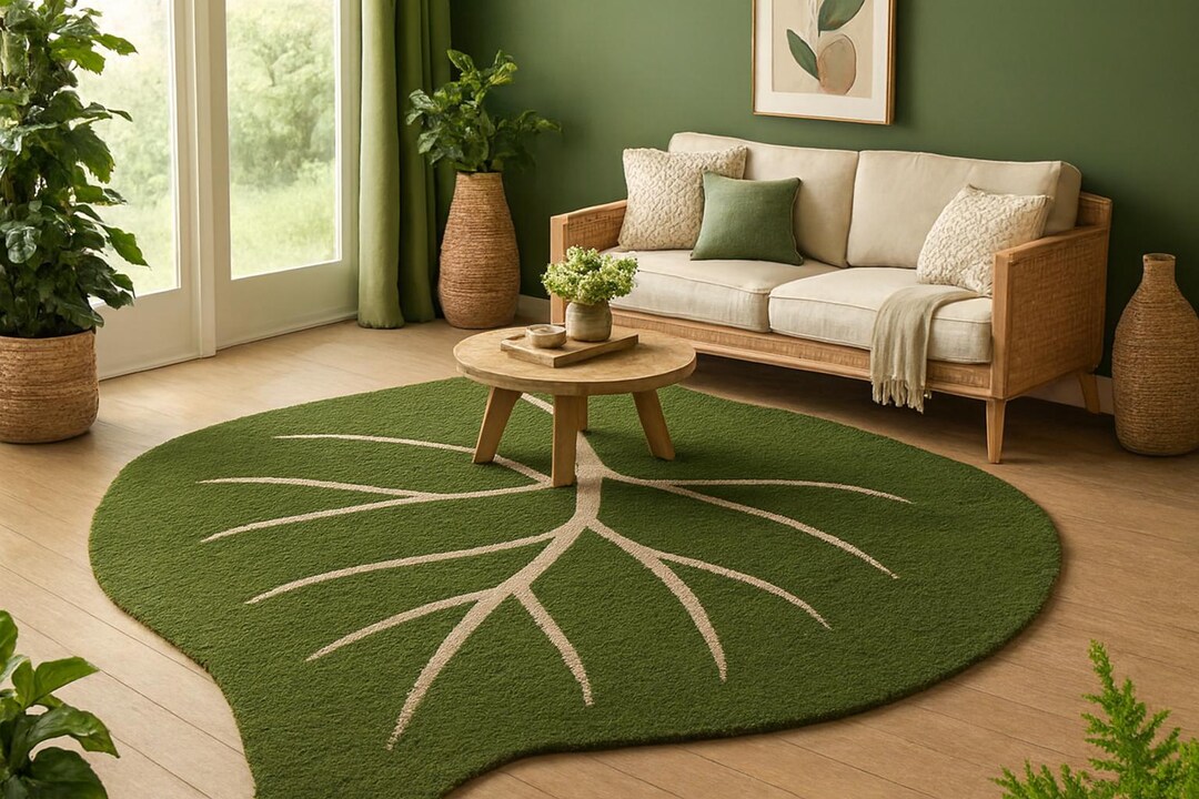 Leaf-shaped Green Rug – Nature-inspired Handmade Carpet for Living ...