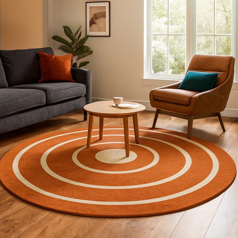 Round Orange Rug Concentric Circle Round Rug – Modern Geometric Area Carpet for Living ...