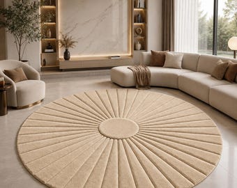Hand Tufted Wool Sunburst Rug, Beige Carved Medallion, Modern Luxury Area Rug (Custom Size)