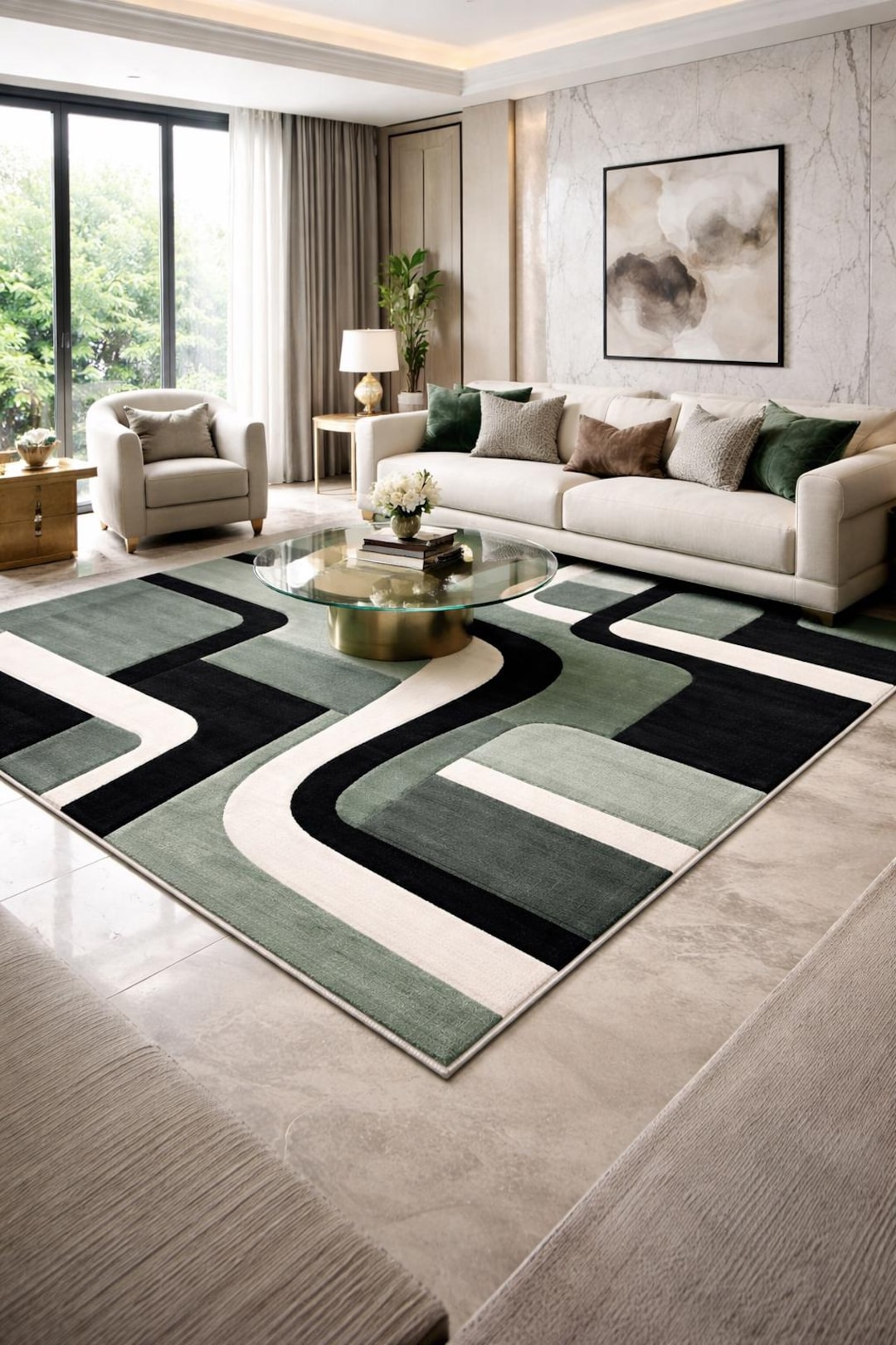Modern Sage Green Geometric Hand Tufted Rug, Black White Abstract Area ...