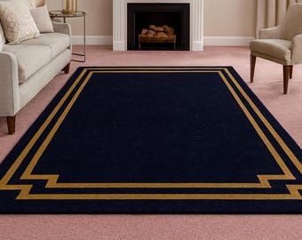 Elegant Navy & Gold Border Rug – Modern Accent Carpet for Living Room, Handmade Luxury Decor