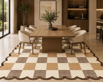 Hand Tufted Wool Checkerboard Rug, Scalloped Edge, Neutral Geometric Area Rug