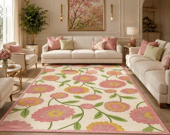 Alfombra floral tejida a mano, alfombra de flores rosas, alfombra de lana hecha a mano, alfombra botánica, decoración de dormitorio estilo cottagecore, alfombra de sala de estar estilo boho, alfombra personalizada