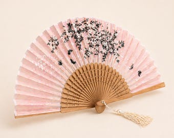 Abanico plegable de bambú con estampado floral rosa: elegante accesorio para bodas, accesorio refrescante para el verano.