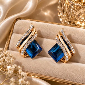 May include: A pair of gold-tone earrings featuring a large, rectangular, deep blue faceted gemstone set at the base. Each earring is accented with a curved, diagonal band encrusted with small, clear white crystals that add a bright sparkle.