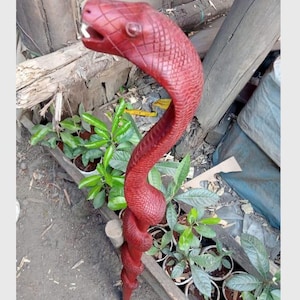 Op de afbeelding: Een handgemaakte, rode houten wandelstok gesneden in de vorm van een cobra slang. De kop van de slang is gedetailleerd met open kaken en schubben. Het lichaam van de slang is ingewikkeld gesneden, met een gedraaid ontwerp. Een uniek decoratief item.