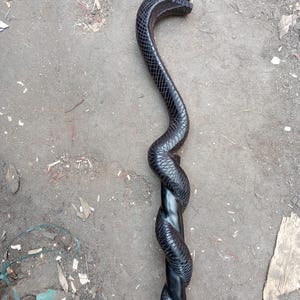 Op de afbeelding: Een zwarte wandelstok met een slangenontwerp. De stok heeft een gedetailleerde cobra-kop aan de bovenkant en een slangenlichaam dat om de schacht is gewikkeld. De schubben van de slang zijn zichtbaar en geven textuur aan het ontwerp.