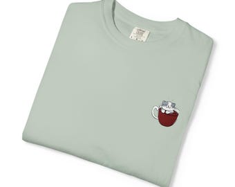 Embroidered Cat in Coffee Cup T-Shirt: Comfort Colors Unisex Tee