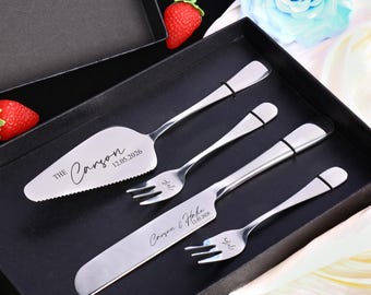 Custom Engraved Dessert Silverware With Box,Wedding Favors, Pastry Cutting Kit,Engraved Cake Cutter Serving Set With Box for Bridal Shower