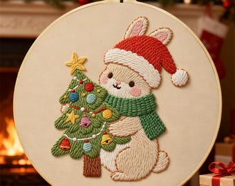Christmas Bunny Hand Embroidery Kit | Beginner-Friendly DIY Holiday Craft | Cute Rabbit & Christmas Tree Hoop Art for Decor or Gift