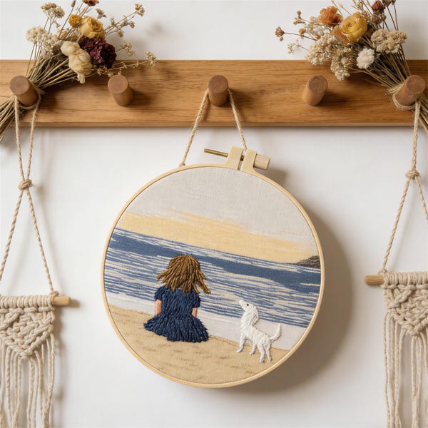 Coastal Scene Embroidery Full Kit | Girl & Dog Beach Sunset Wall Art Hand Embroidery Supplies